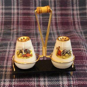 MCM Vintage Matador and Bull Salt and Pepper Shakers with Caddy